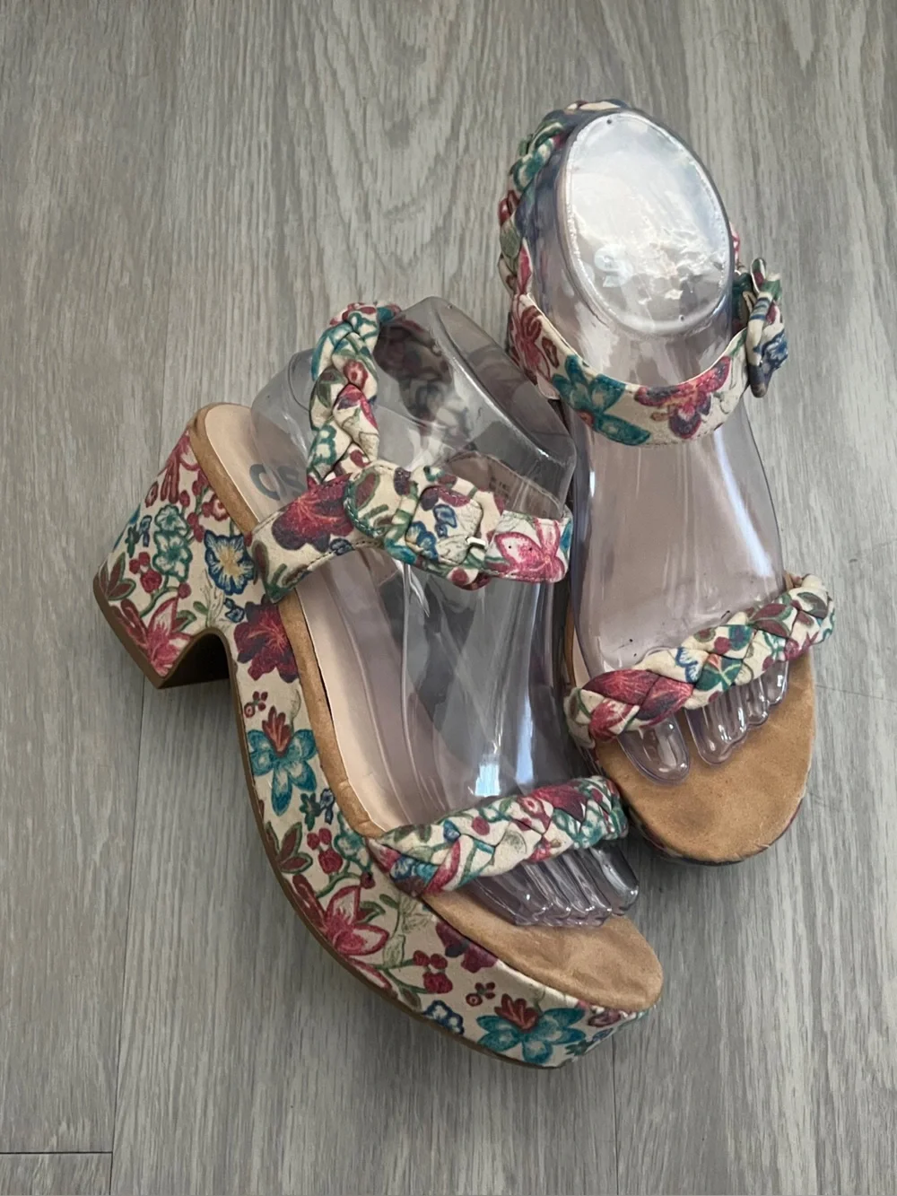SO Floral Platform Sandals Women’s Size 8 Braided Ankle Strap Block Heel Boho Co